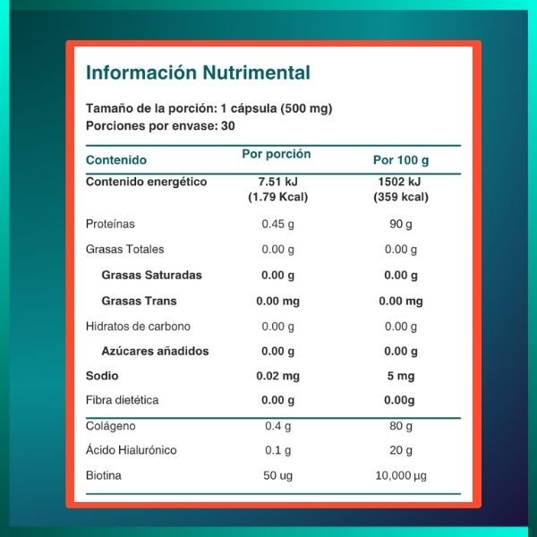 Ácido Hialurónico, Colágeno Hidrolizado y Biotina | Suplemento para Piel, Cabello y Uñas | 500 mg | 30 caps
