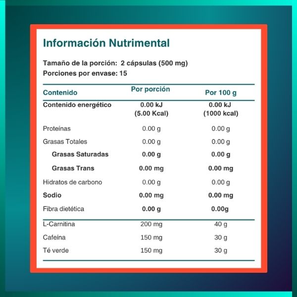 Té verde, Cafeína, Carnitina | Termogénico | 500 mg | 30 cápsulas